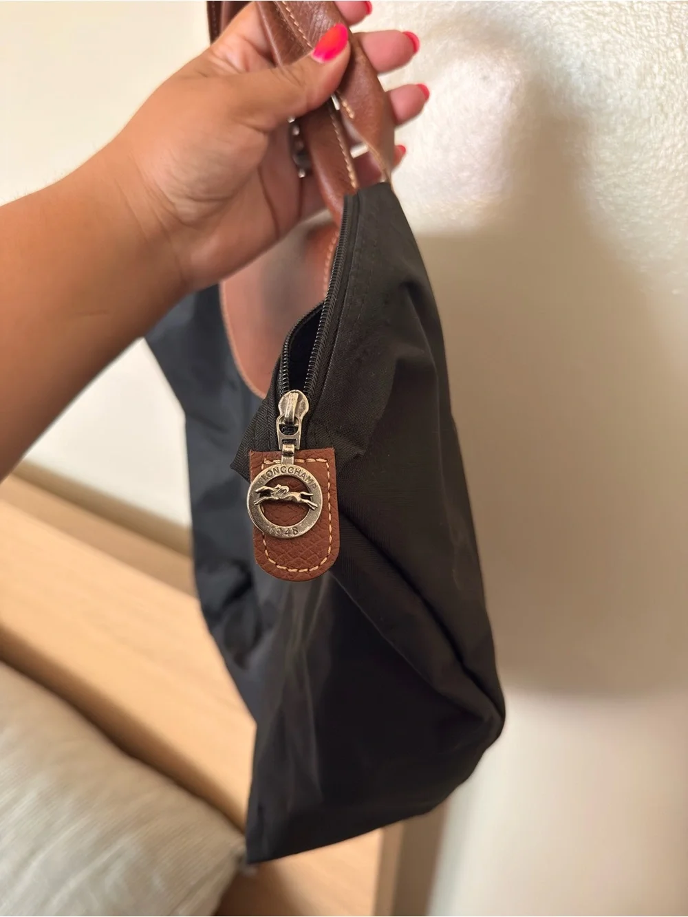 Longchamp Black Nylon Tote with Brown Leather Trim